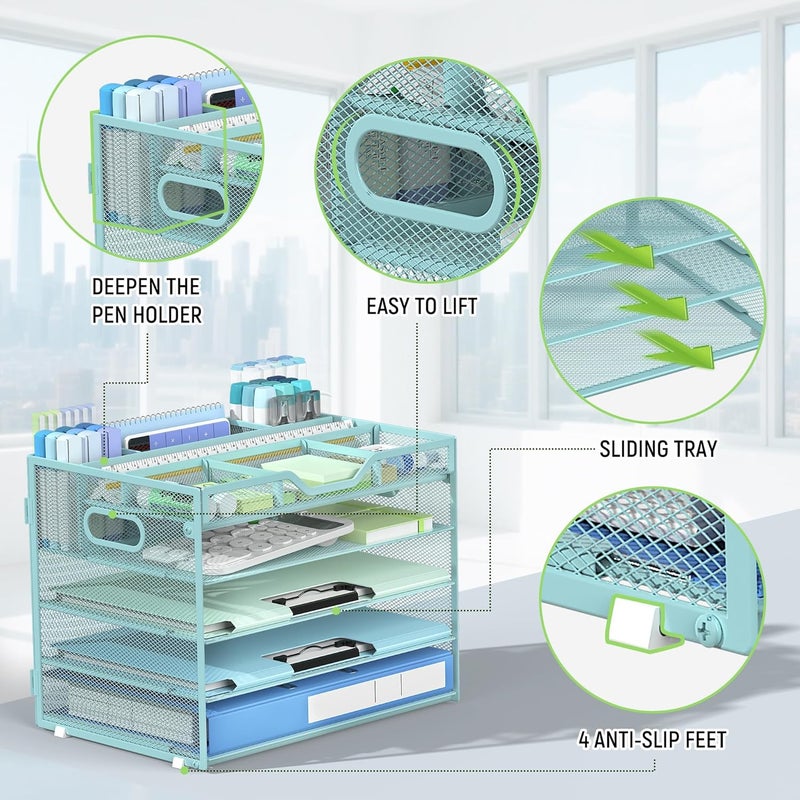 Docnest 5 Tier Mesh Desk Organizer- Letter Tray with Adjustable Compartments, Mesh Desktop Storage Built in Pen Holder and Handles, Desk Organizer Tray for Mail Documents Office Supplies-Blue - Image 5